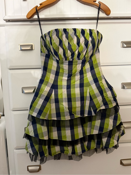 Betsey Johnson Dresses & Skirts - Betsey Johnson Lime, Navy & White Plaid Strapless Dress EUC (vintage Collectible